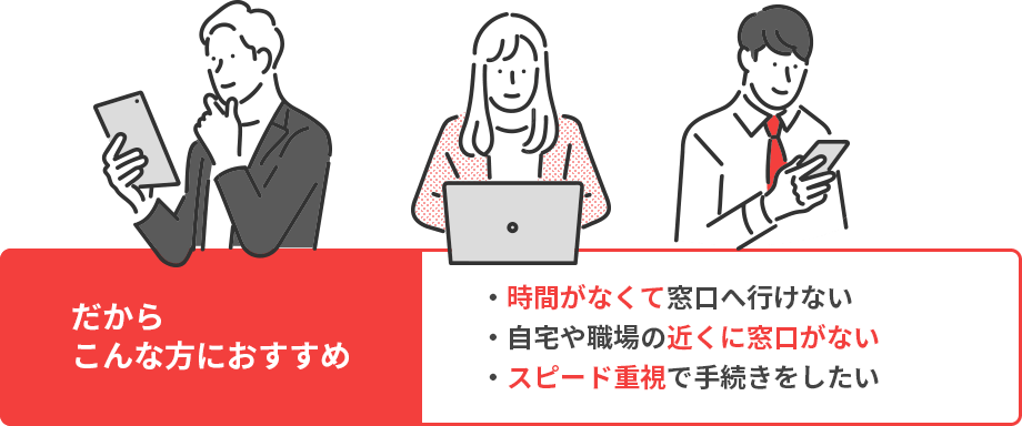 だからこんな方におすすめ。時間がなくて窓口へ行けない方。自宅や職場の近くに窓口がない方。スピード重視で手続きをしたい方。